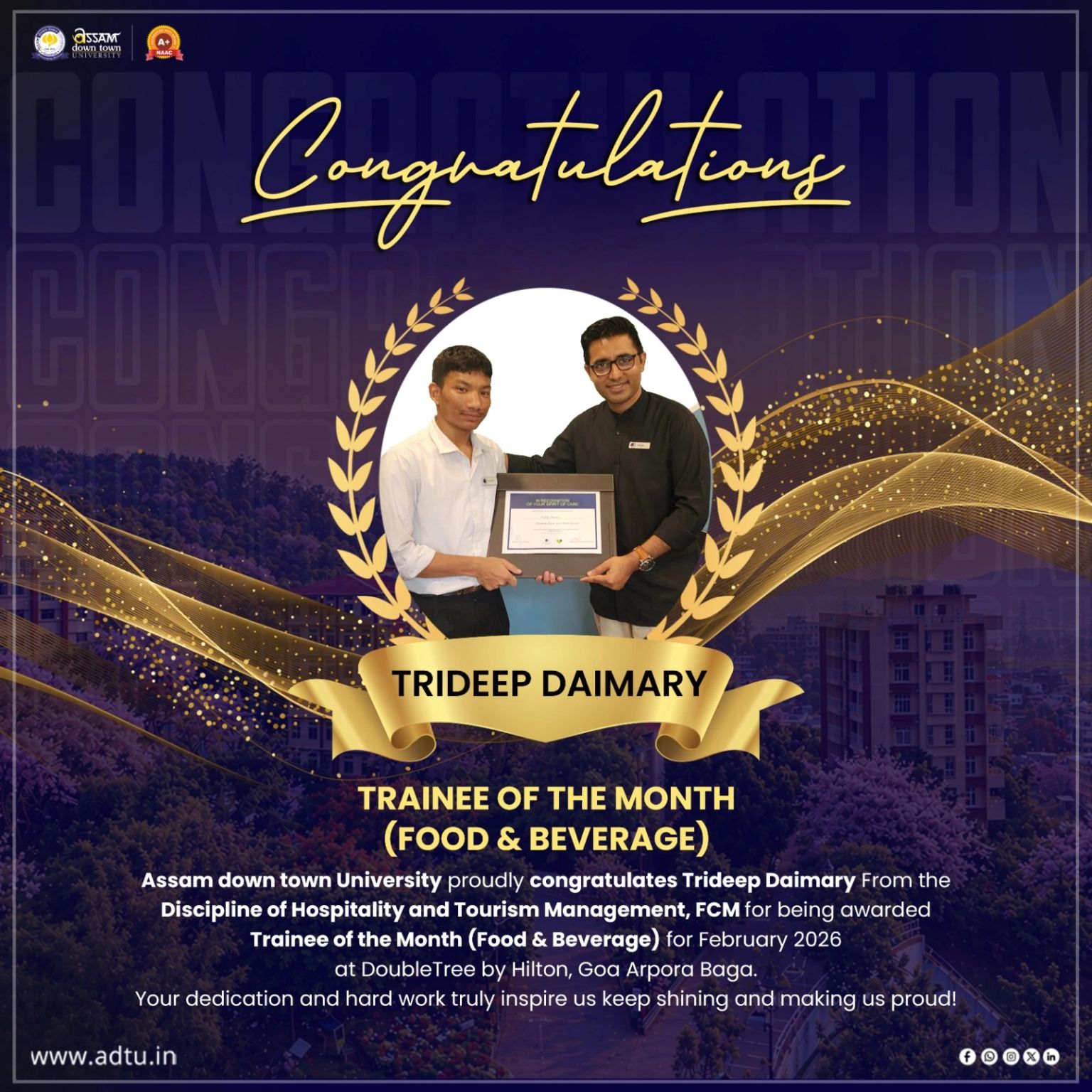 Hospitality Student Trideep Daimary Honoured as Tr...